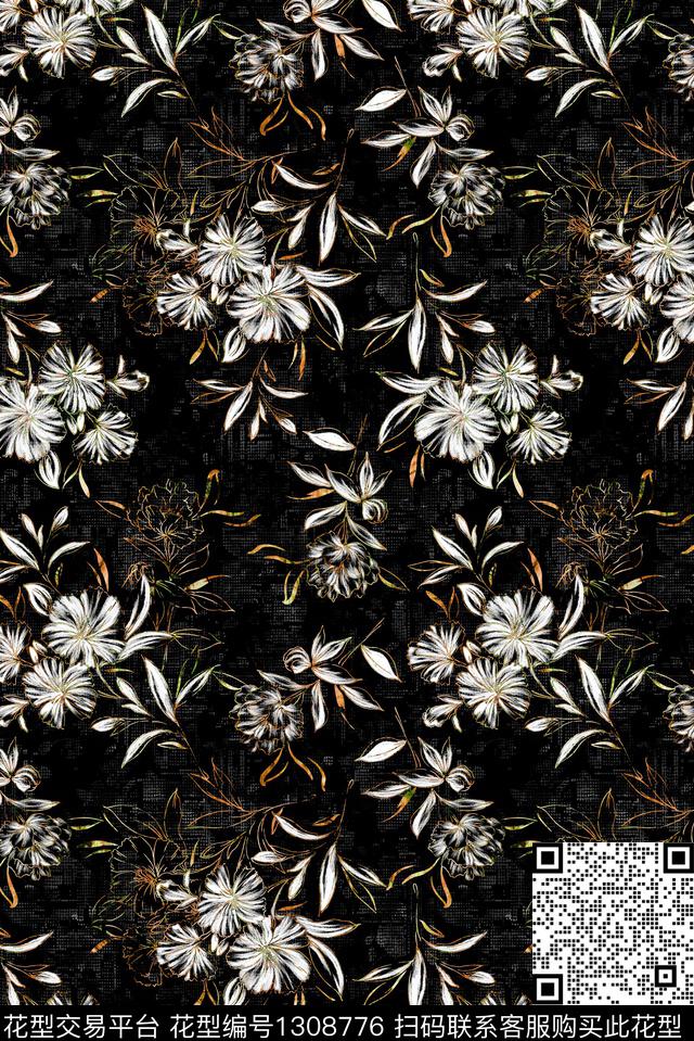 黑底花卉大牌风小碎花数码印花华亿平台下载（图片编号: 1308776） - 瓦栏（Walan）