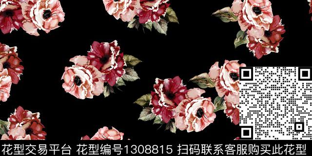 花卉热带华亿平台手绘玫瑰传统印花华亿平台下载（图片编号: 1308815） - 瓦栏（Walan）