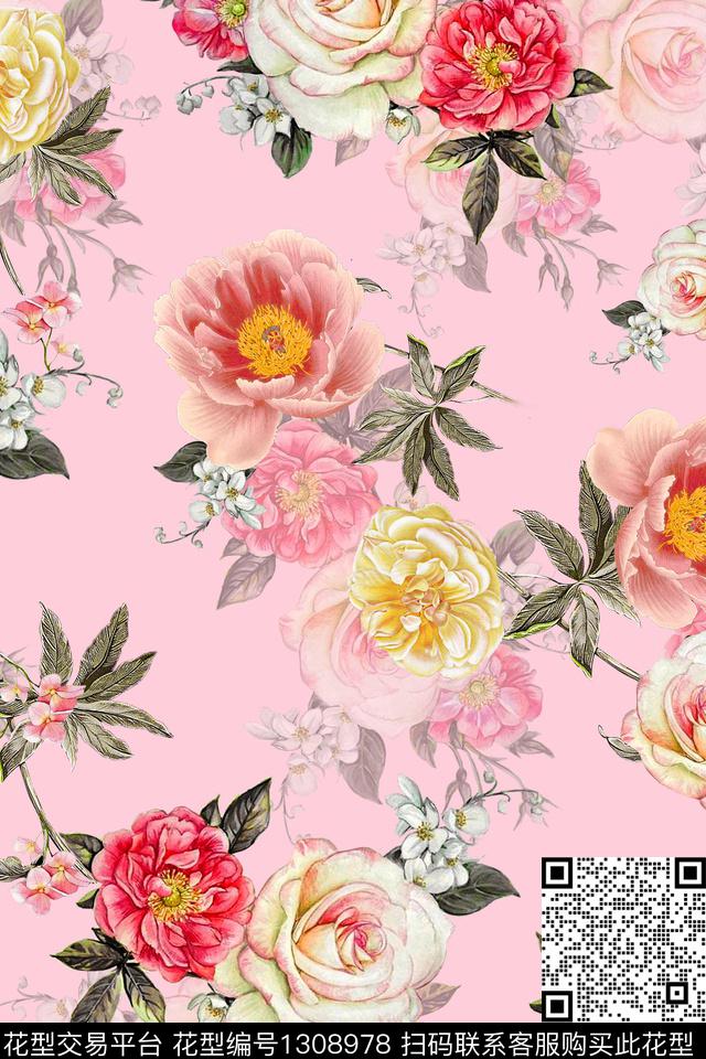 连衣裙时尚手绘大花数码印花华亿平台下载（图片编号: 1308978） - 瓦栏（Walan）