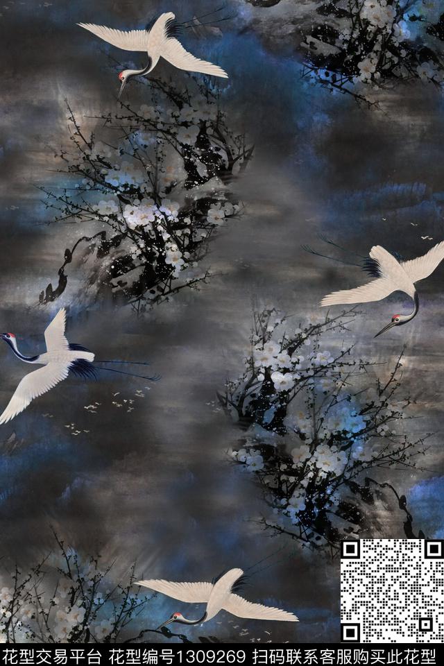 仙鹤香云纱中国风数码印花华亿平台下载（图片编号: 1309269） - 瓦栏（Walan）