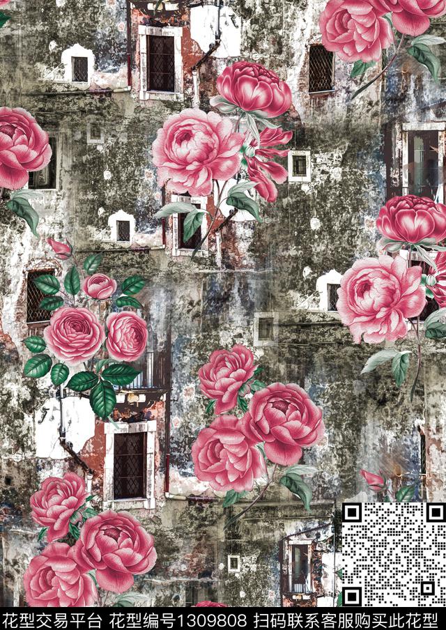 花卉大牌风抽象数码印花华亿平台下载（图片编号: 1309808） - 瓦栏（Walan）