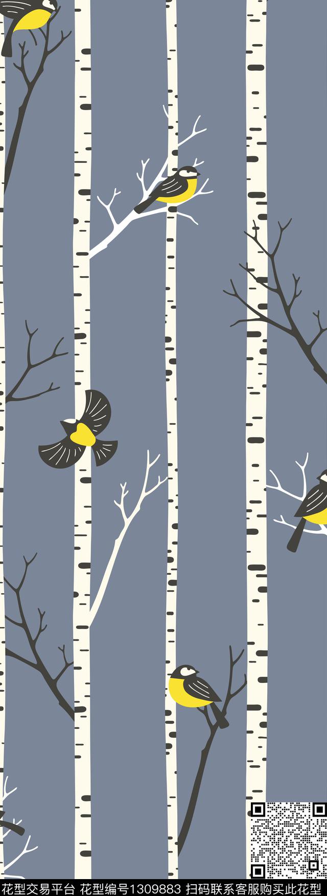 定位花树枝鸟传统印花华亿平台下载（图片编号: 1309883） - 瓦栏（Walan）