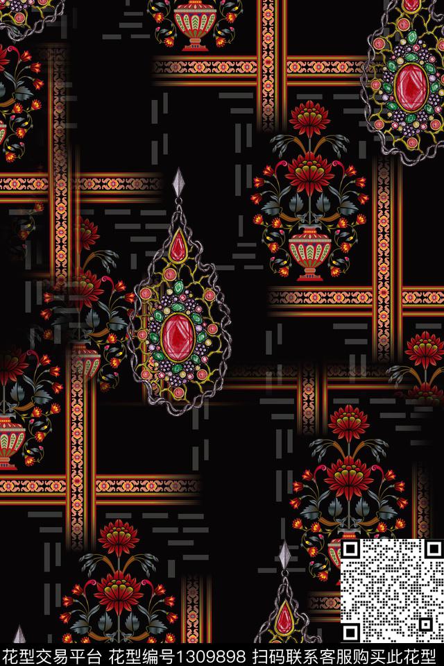 珠宝宝石几何花卉复古数码印花华亿平台下载（图片编号: 1309898） - 瓦栏（Walan）