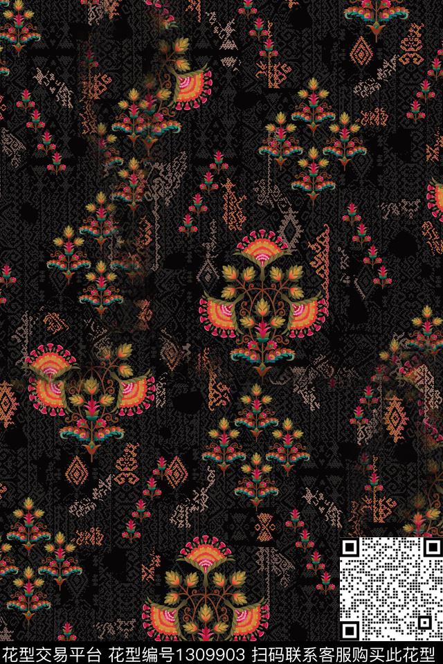 抽象花卉几何花卉复古数码印花华亿平台下载（图片编号: 1309903） - 瓦栏（Walan）