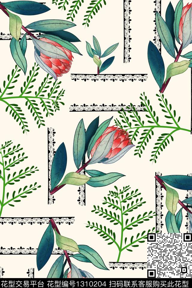 绿植树叶清爽底花卉春夏风格数码印花华亿平台下载（图片编号: 1310204） - 瓦栏（Walan）