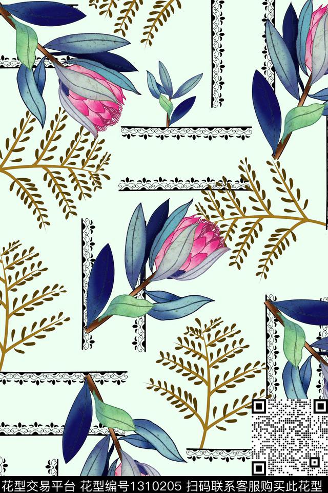 绿植树叶清爽底花卉春夏风格数码印花华亿平台下载（图片编号: 1310205） - 瓦栏（Walan）
