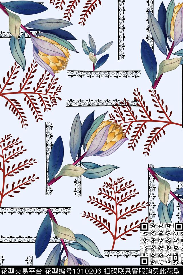 绿植树叶清爽底花卉春夏风格数码印花华亿平台下载（图片编号: 1310206） - 瓦栏（Walan）