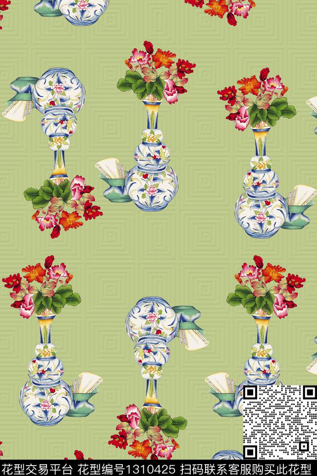 花瓶绿色底纹数码印花华亿平台下载（图片编号: 1310425） - 瓦栏（Walan）