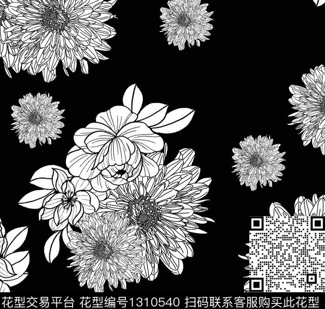 黑底花卉花卉传统印花华亿平台下载（图片编号: 1310540） - 瓦栏（Walan）