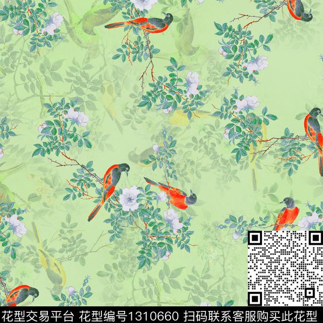 水墨风纸印花花鸟数码印花华亿平台下载（图片编号: 1310660） - 瓦栏（Walan）