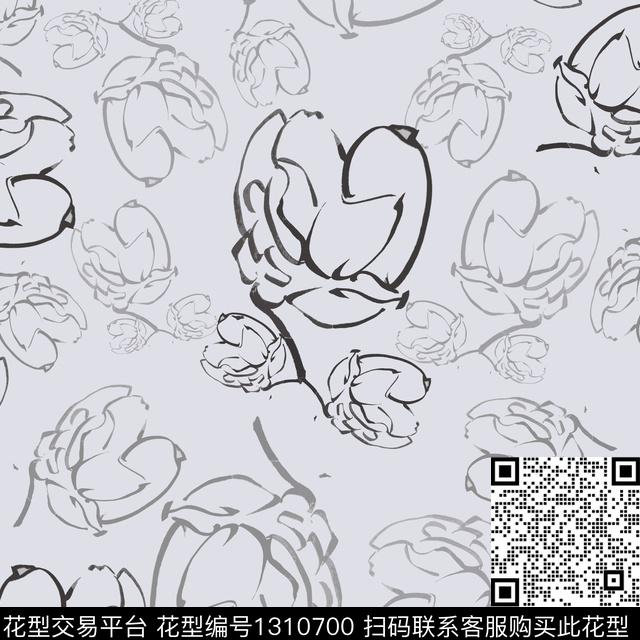 男装休闲花卉手绘线条笔触玉兰花语传统印花华亿平台下载（图片编号: 1310700） - 瓦栏（Walan）