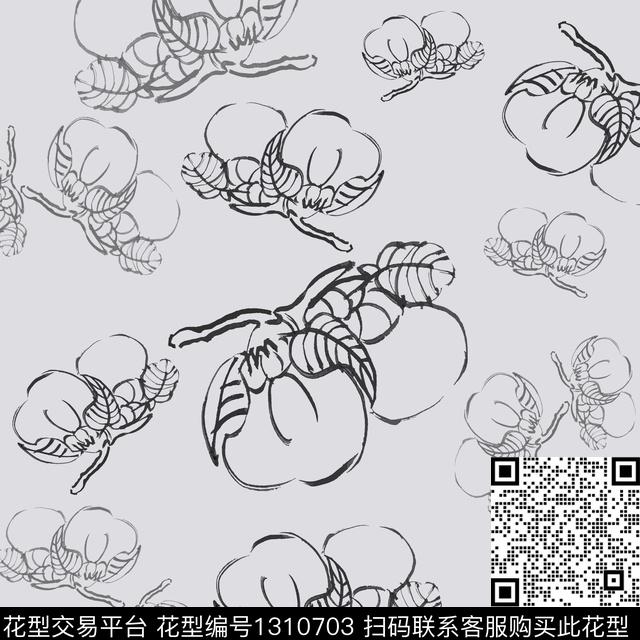 手绘线条笔触男装休闲花卉柿子传统印花华亿平台下载（图片编号: 1310703） - 瓦栏（Walan）