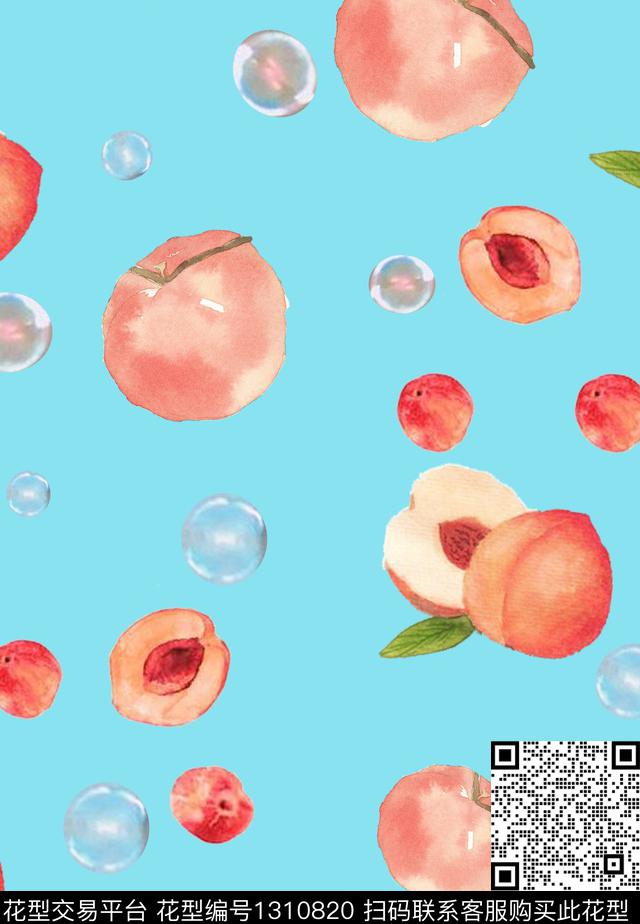 蓝色手绘桃子数码印花华亿平台下载（图片编号: 1310820） - 瓦栏（Walan）