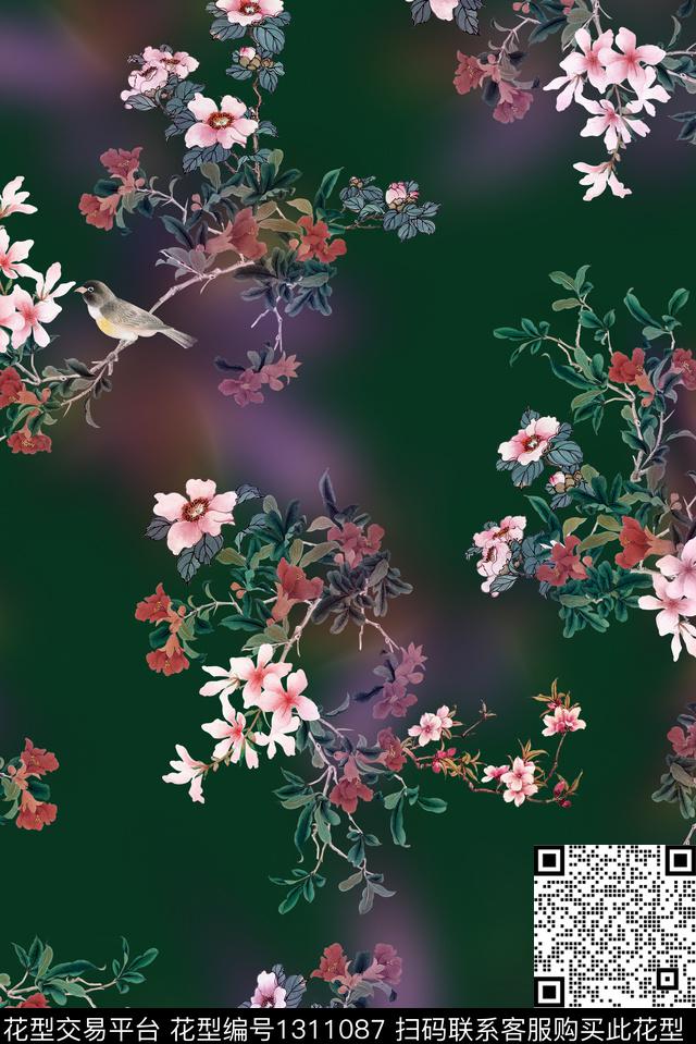 鸟旗袍国画数码印花华亿平台下载（图片编号: 1311087） - 瓦栏（Walan）