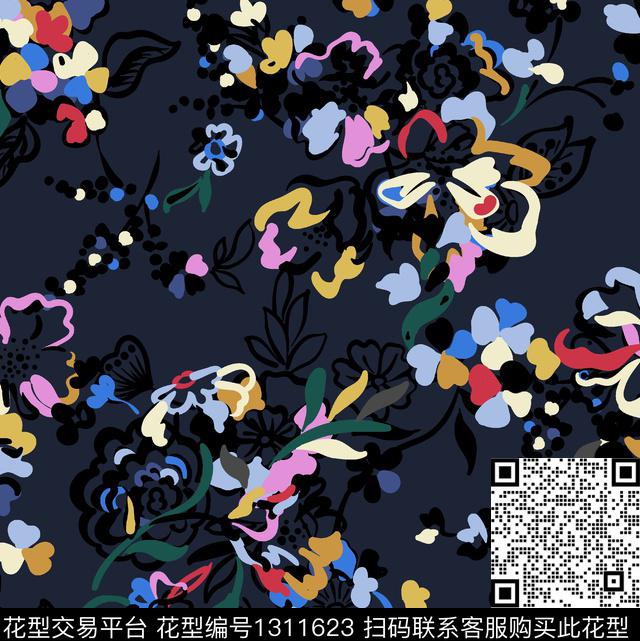 涂鸦小碎花线描花卉数码印花华亿平台下载（图片编号: 1311623） - 瓦栏（Walan）