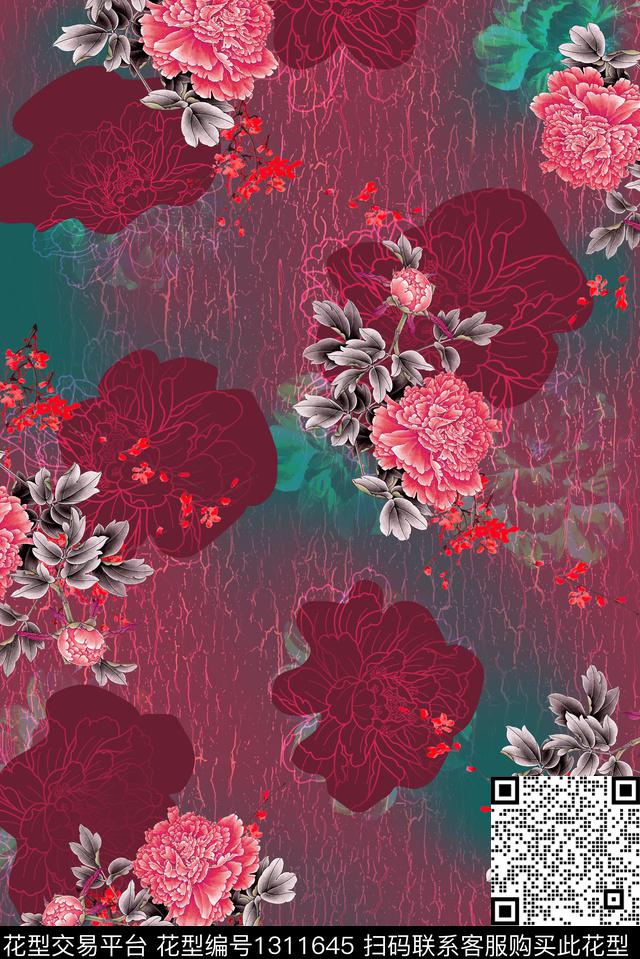 香云纱牡丹中老年花卉数码印花华亿平台下载（图片编号: 1311645） - 瓦栏（Walan）