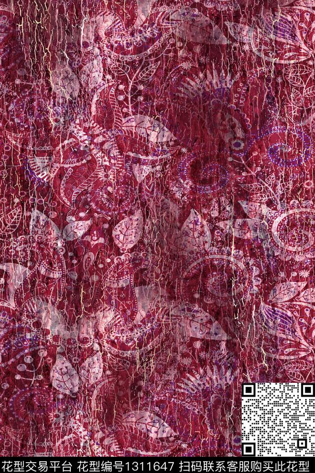 抽象花卉香云纱佩斯利数码印花华亿平台下载（图片编号: 1311647） - 瓦栏（Walan）