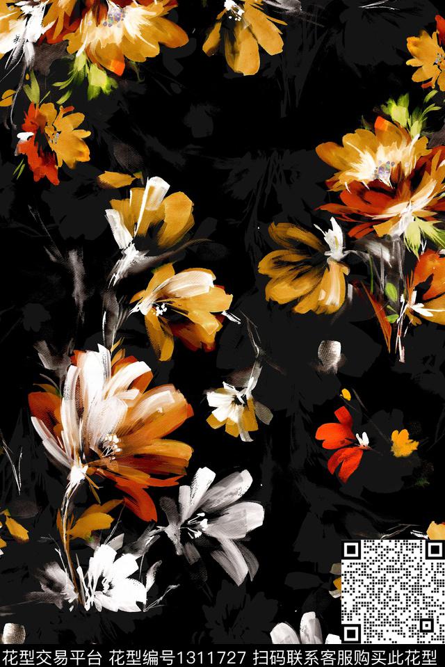 黑底花卉花卉大牌风数码印花华亿平台下载（图片编号: 1311727） - 瓦栏（Walan）