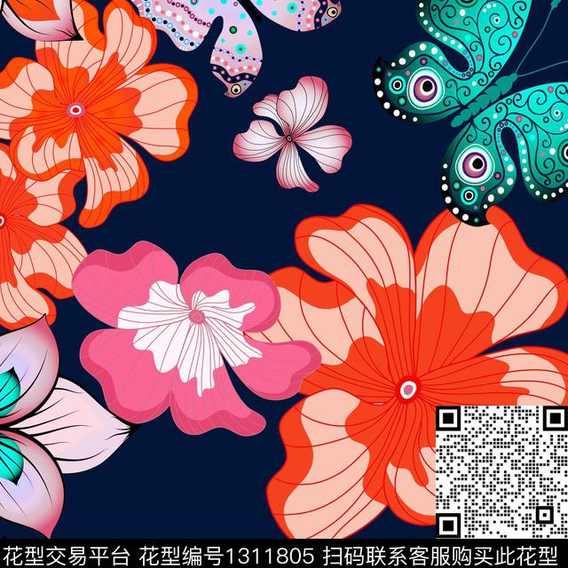 花卉抽象蝴蝶数码印花华亿平台下载（图片编号: 1311805） - 瓦栏（Walan）