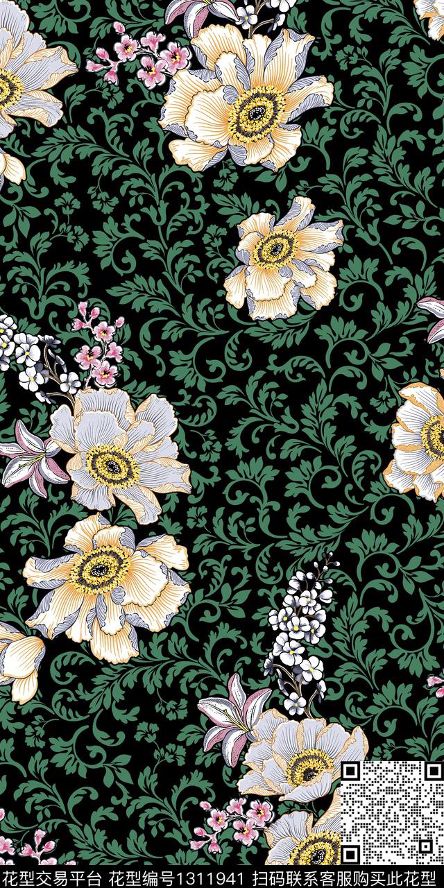 小碎花满底花卉欧式卷草传统印花华亿平台下载（图片编号: 1311941） - 瓦栏（Walan）