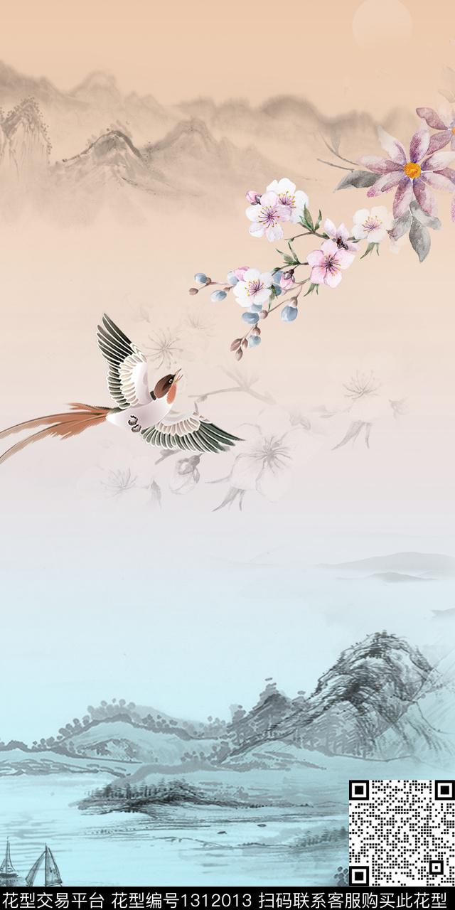 水墨风中国风定位花真丝数码印花华亿平台下载（图片编号: 1312013） - 瓦栏（Walan）