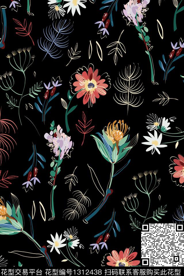 线条花卉植物传统印花华亿平台下载（图片编号: 1312438） - 瓦栏（Walan）