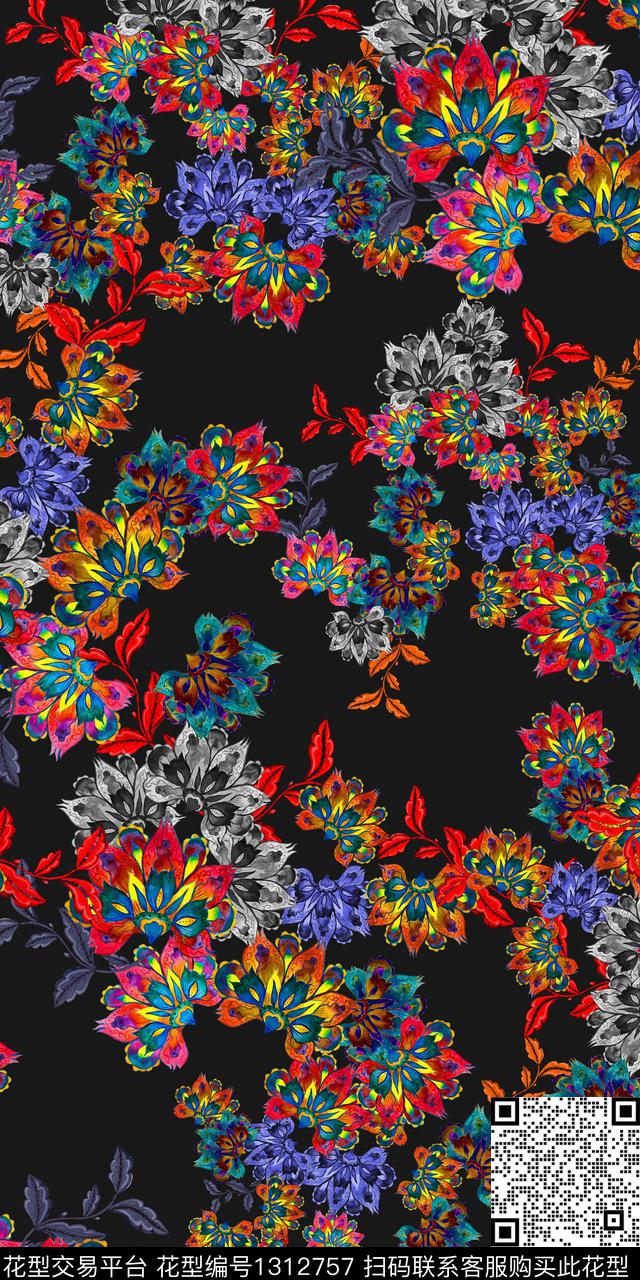 民族风花卉植物数码印花华亿平台下载（图片编号: 1312757） - 瓦栏（Walan）