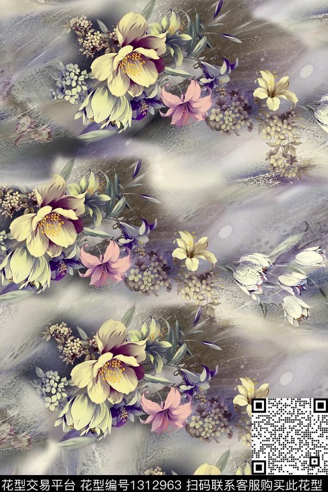 水彩花卉植物数码印花华亿平台下载（图片编号: 1312963） - 瓦栏（Walan）