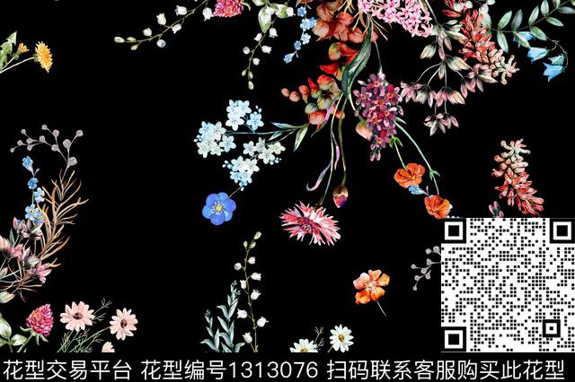 花卉黑底花卉小碎花数码印花华亿平台下载（图片编号: 1313076） - 瓦栏（Walan）