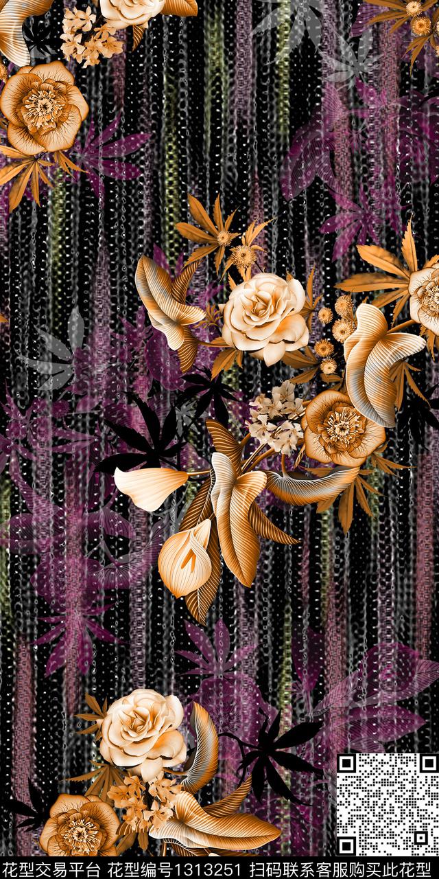 花卉大牌风植物数码印花华亿平台下载（图片编号: 1313251） - 瓦栏（Walan）