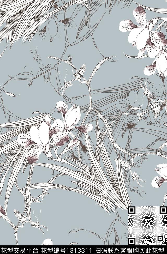 兰花大牌风真丝传统印花华亿平台下载（图片编号: 1313311） - 瓦栏（Walan）