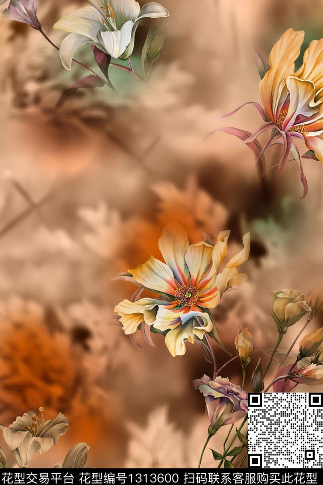 水墨风香云纱手绘花卉数码印花华亿平台下载（图片编号: 1313600） - 瓦栏（Walan）