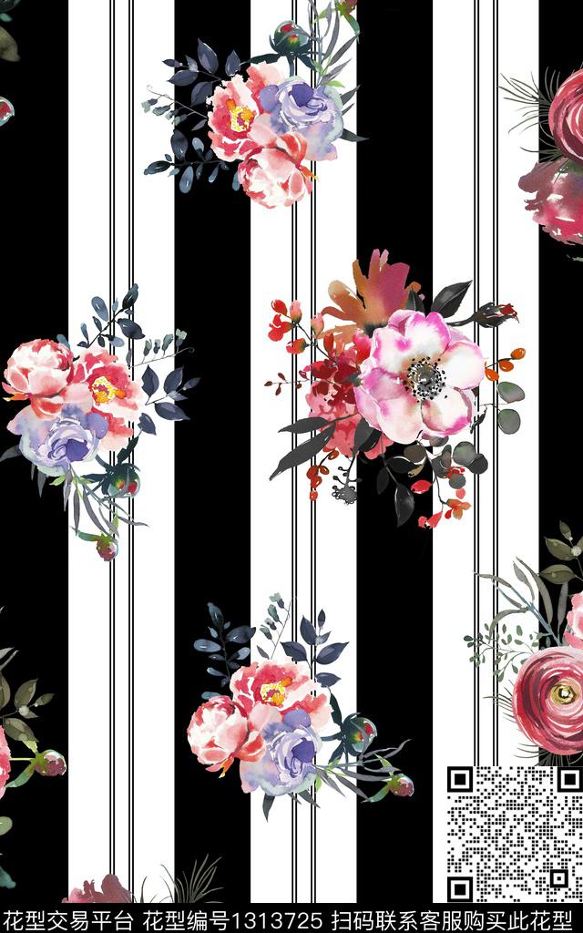 黑白条纹花卉植物数码印花华亿平台下载（图片编号: 1313725） - 瓦栏（Walan）