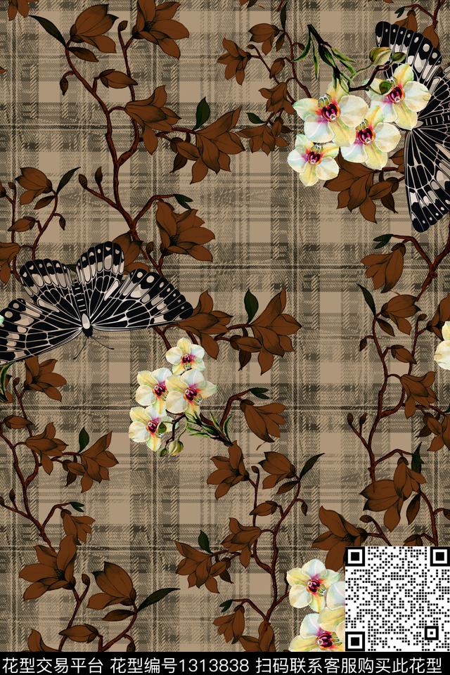 格子花卉蝴蝶香云纱数码印花华亿平台下载（图片编号: 1313838） - 瓦栏（Walan）