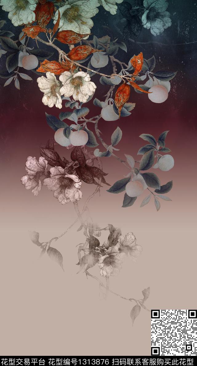 中国风定位花真丝复古旗袍华亿平台数码印花华亿平台下载（图片编号: 1313876） - 瓦栏（Walan）