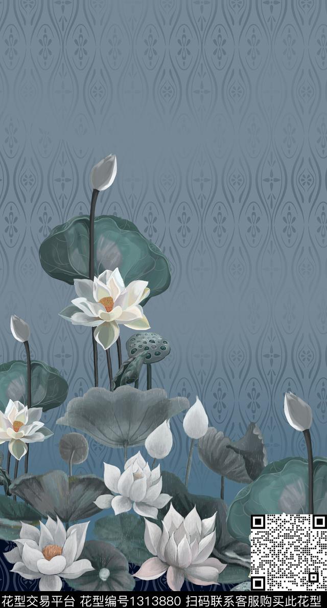 荷花中国风定位花真丝数码印花华亿平台下载（图片编号: 1313880） - 瓦栏（Walan）