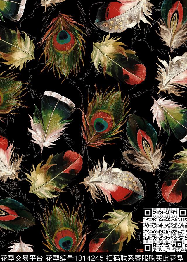 鸟羽毛动物纹理多彩羽毛数码印花华亿平台下载（图片编号: 1314245） - 瓦栏（Walan）