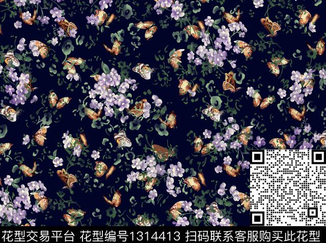 抽象花卉花卉蝴蝶手绘数码印花华亿平台下载（图片编号: 1314413） - 瓦栏（Walan）