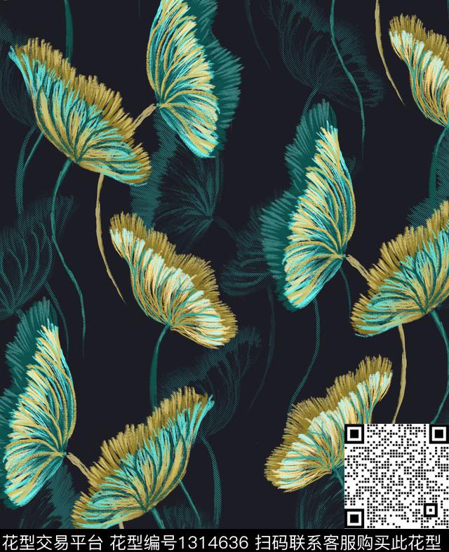 绿植树叶水墨风笔触数码印花华亿平台下载（图片编号: 1314636） - 瓦栏（Walan）