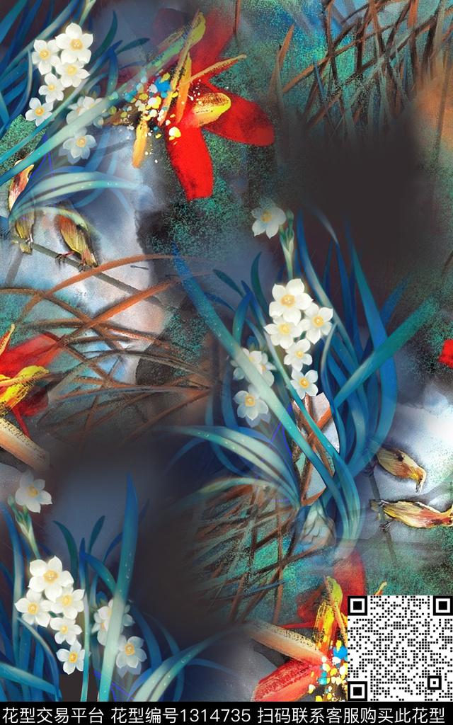 花卉香云纱中国风数码印花华亿平台下载（图片编号: 1314735） - 瓦栏（Walan）