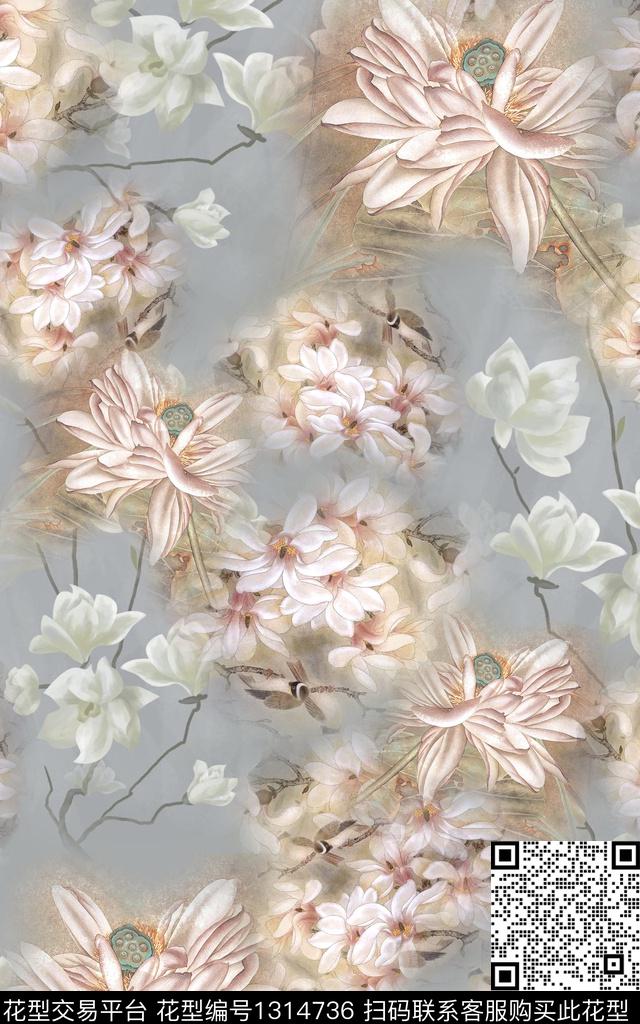 花卉中国风国画数码印花华亿平台下载（图片编号: 1314736） - 瓦栏（Walan）