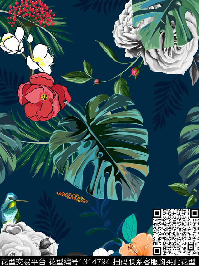 绿植树叶木槿花花卉数码印花华亿平台下载（图片编号: 1314794） - 瓦栏（Walan）