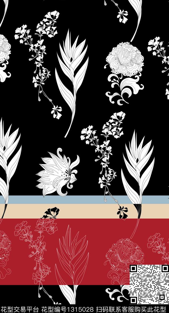 黑底花卉连衣裙数码华亿平台数码印花华亿平台下载（图片编号: 1315028） - 瓦栏（Walan）