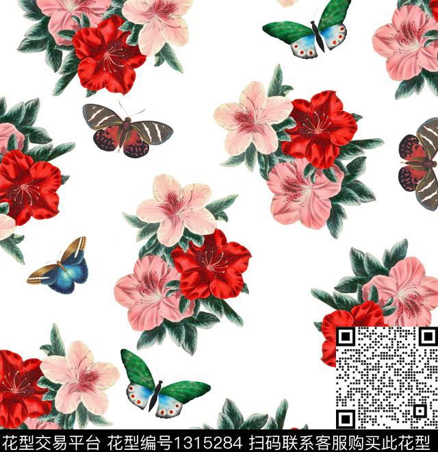 花卉蝴蝶女装印花数码印花华亿平台下载（图片编号: 1315284） - 瓦栏（Walan）