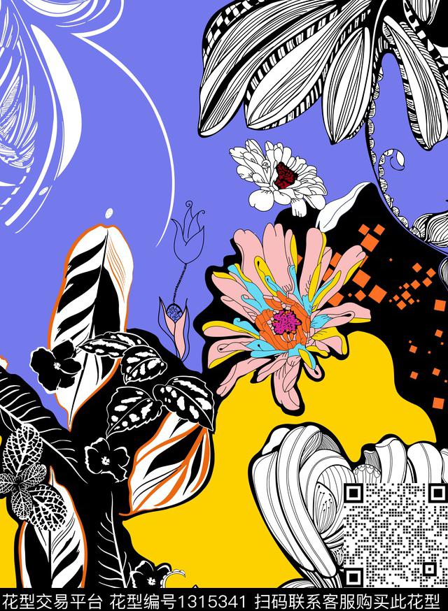 女装定位花大牌风手绘数码印花华亿平台下载（图片编号: 1315341） - 瓦栏（Walan）