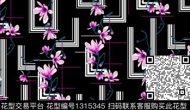 黑底花卉花卉大牌风数码印花华亿平台下载（图片编号: 1315345） - 瓦栏（Walan）
