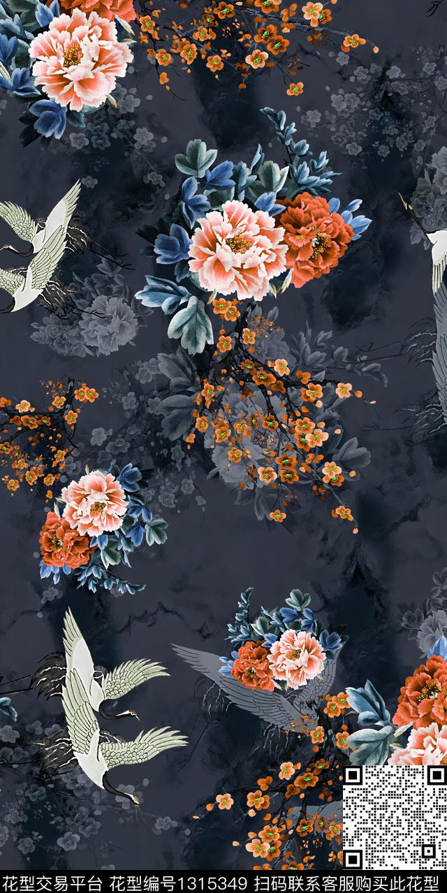 仙鹤香云纱中国风数码印花华亿平台下载（图片编号: 1315349） - 瓦栏（Walan）