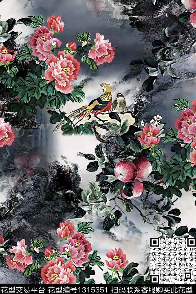 水墨风花鸟中国风数码印花华亿平台下载（图片编号: 1315351） - 瓦栏（Walan）