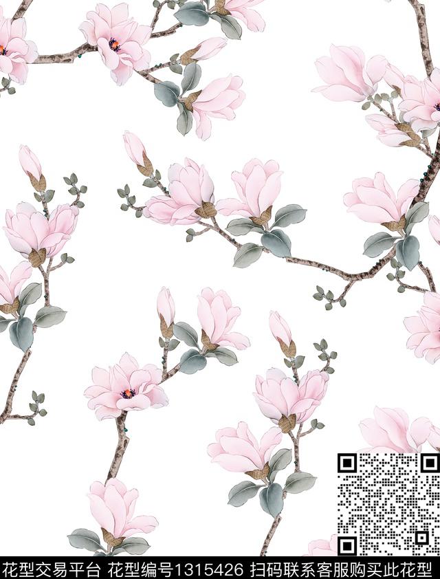 玉兰花文艺清爽底花卉数码印花华亿平台下载（图片编号: 1315426） - 瓦栏（Walan）