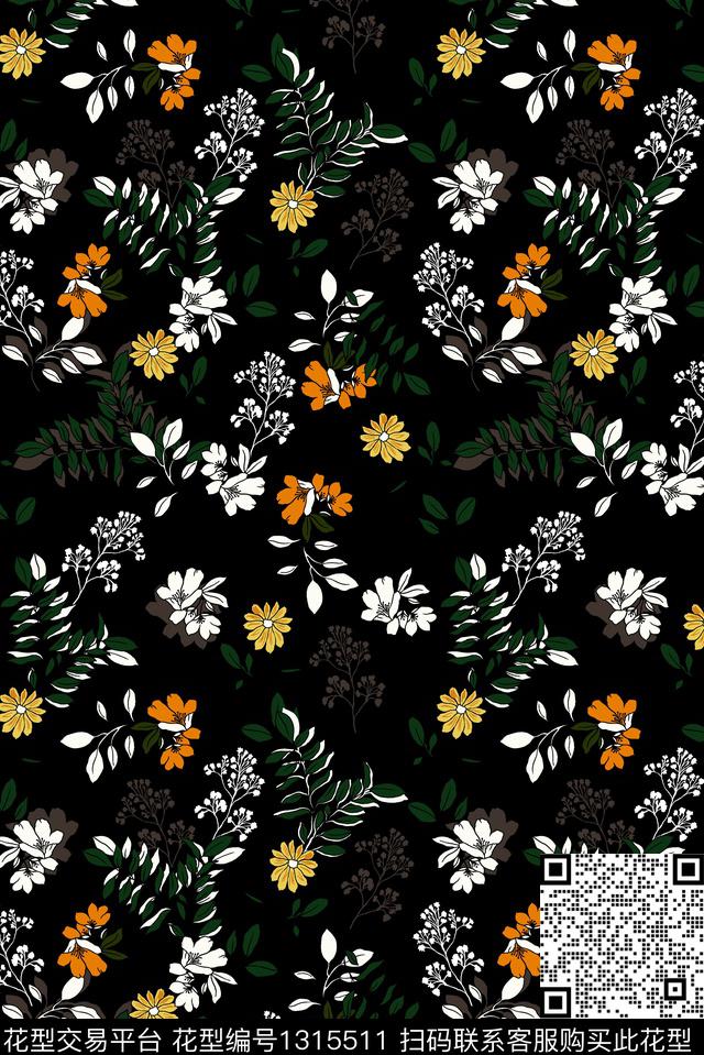 黑底花卉大牌风小碎花数码印花华亿平台下载（图片编号: 1315511） - 瓦栏（Walan）